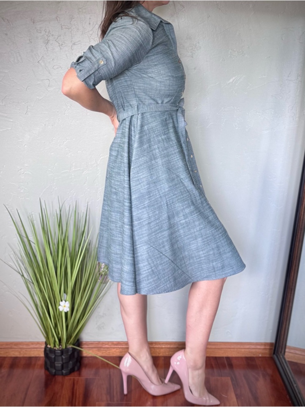 Sharagano Dusty Blue Tie-Waist Button Front Midi Shirt Dress with Pockets - Picture 3 of 8